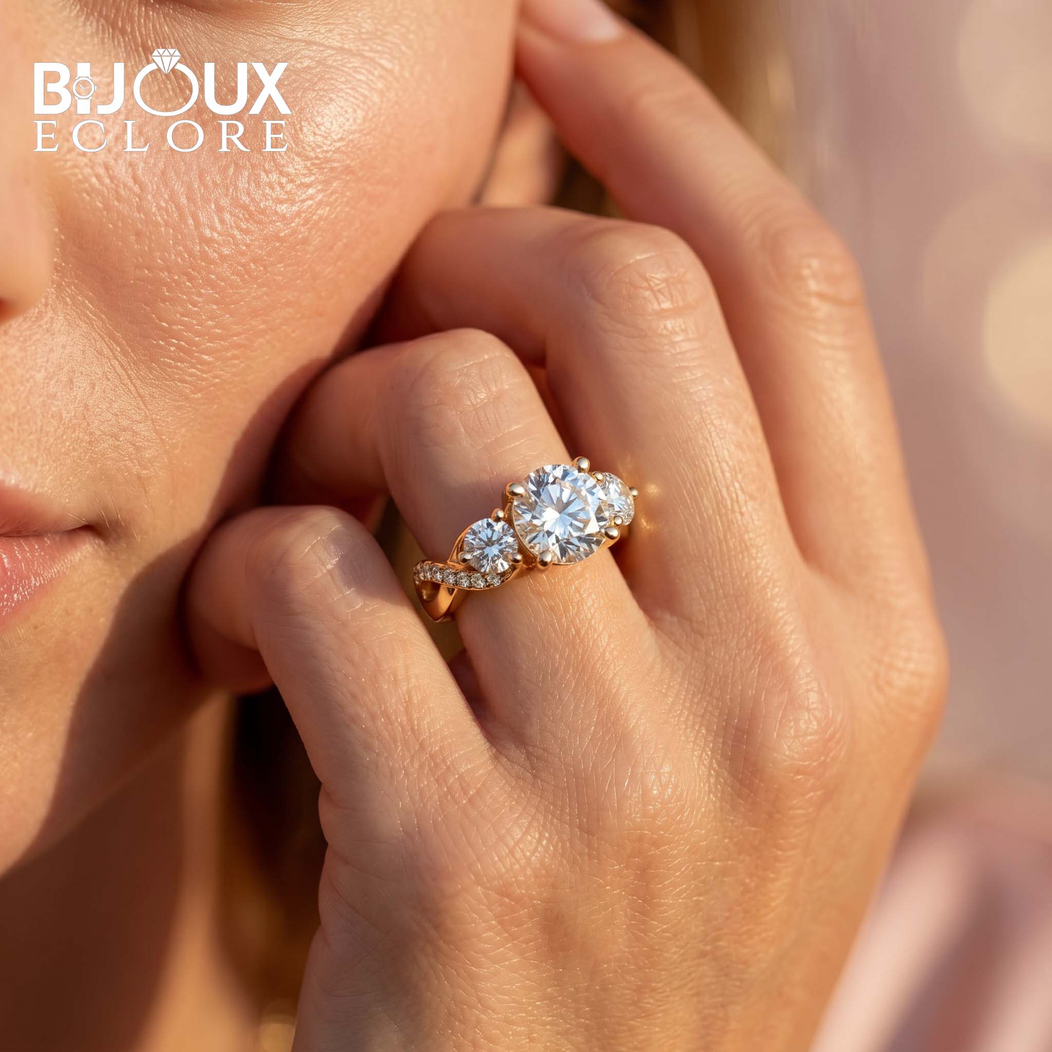 Arabella Grandeur Three-Stone Diamond Ring with Pavé Accented Yellow Gold Band - Bijoux Eclore