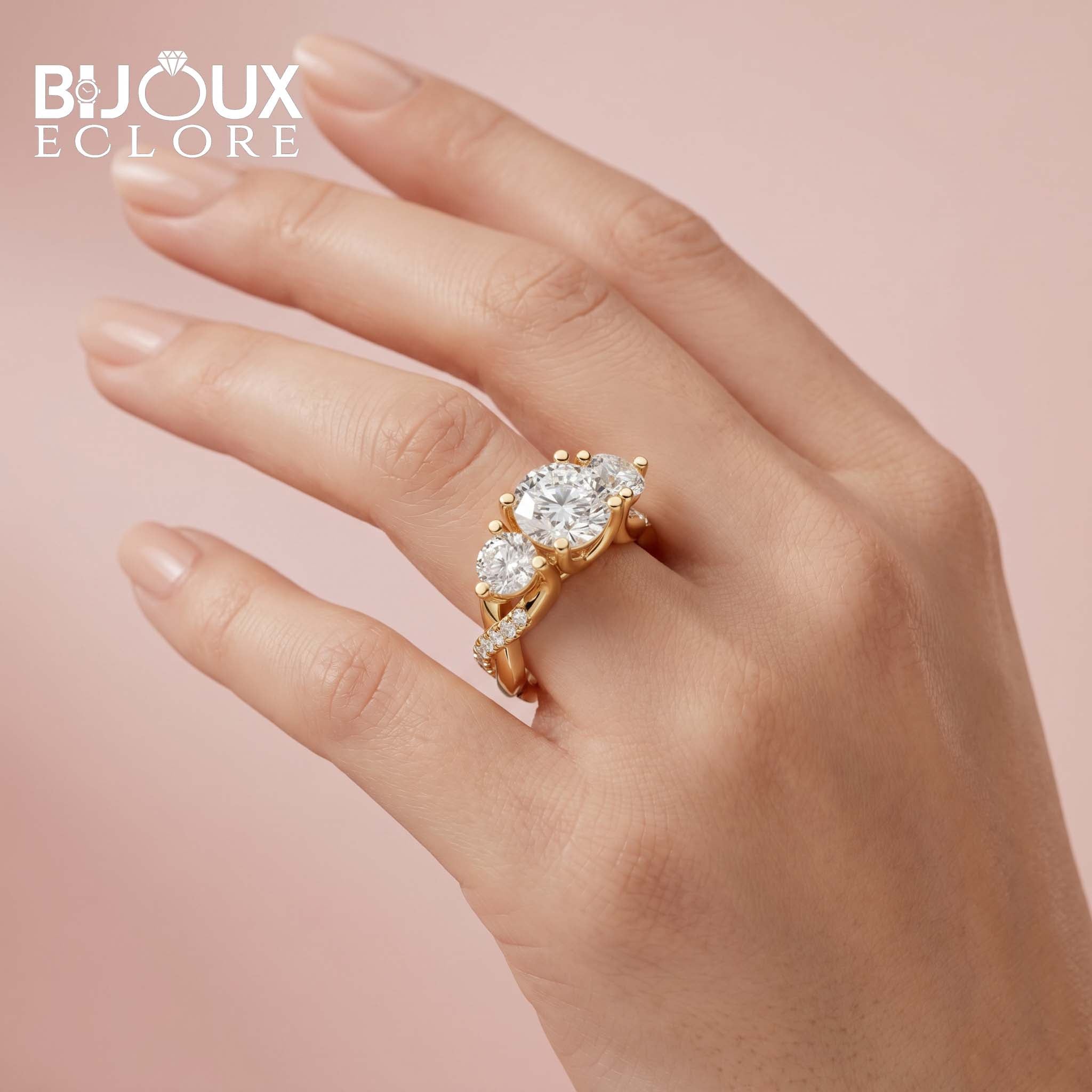 Arabella Grandeur Three-Stone Diamond Ring with Pavé Accented Yellow Gold Band - Bijoux Eclore