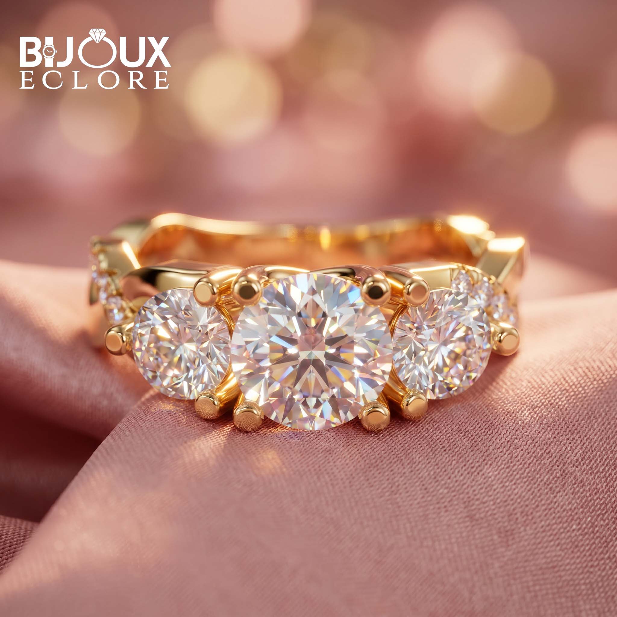 Arabella Grandeur Three-Stone Diamond Ring with Pavé Accented Yellow Gold Band - Bijoux Eclore