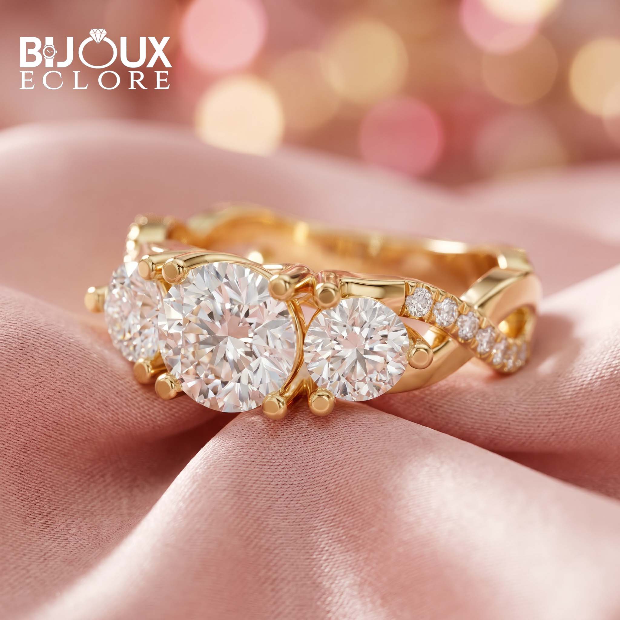 Arabella Grandeur Three-Stone Diamond Ring with Pavé Accented Yellow Gold Band - Bijoux Eclore