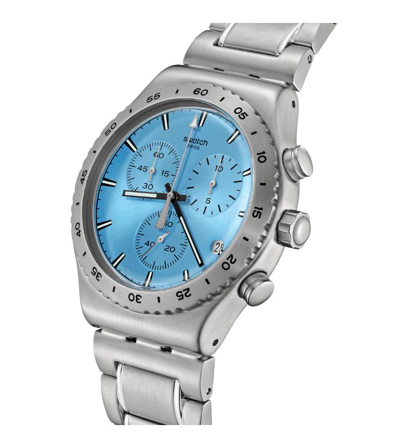 Swatch THAT'S SO PEACHY (43mm) Blue Chronograph Dial YVS528G - Bijoux Eclore
