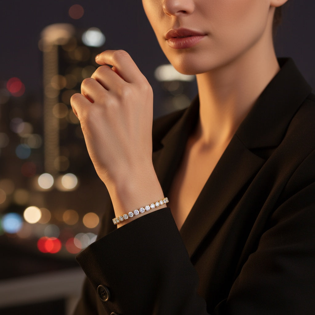 Elegant Round Brilliant-Cut Diamond Tennis Bracelet Featuring Classic Four-Prong Settings and Secure Box Clasp for Timeless Luxury and Sophisticated Shine - Bijoux Eclore