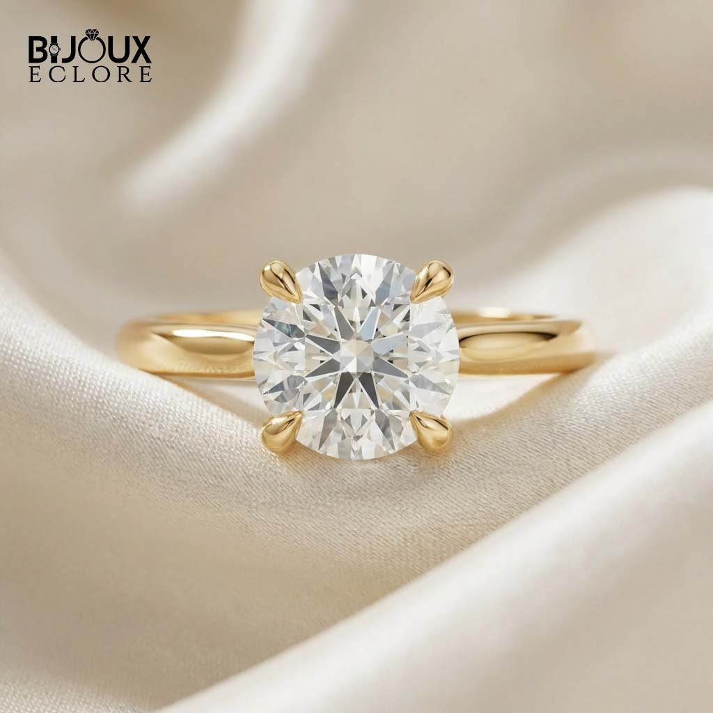 Solitaire Round-Cut Diamond Engagement Ring with a Polished Yellow Gold Band - Bijoux Eclore