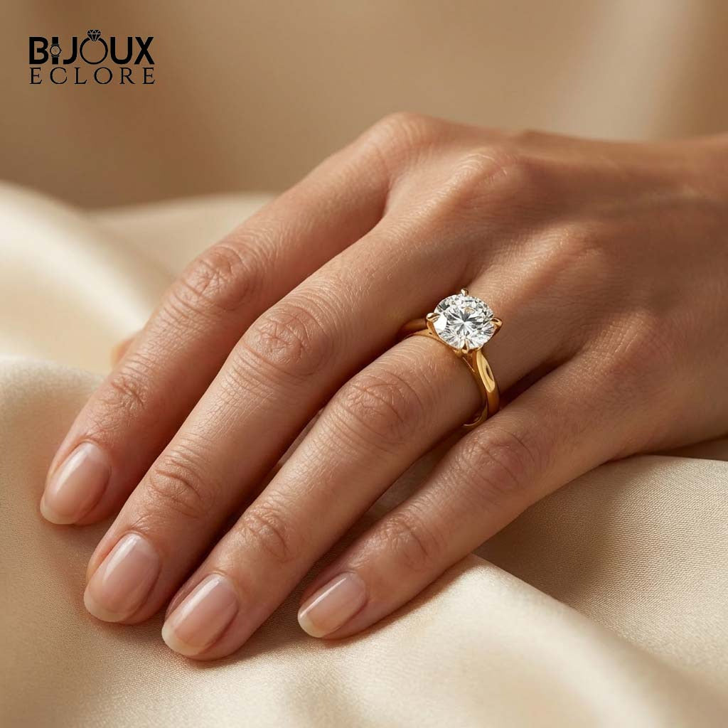 Solitaire Round-Cut Diamond Engagement Ring with a Polished Yellow Gold Band - Bijoux Eclore