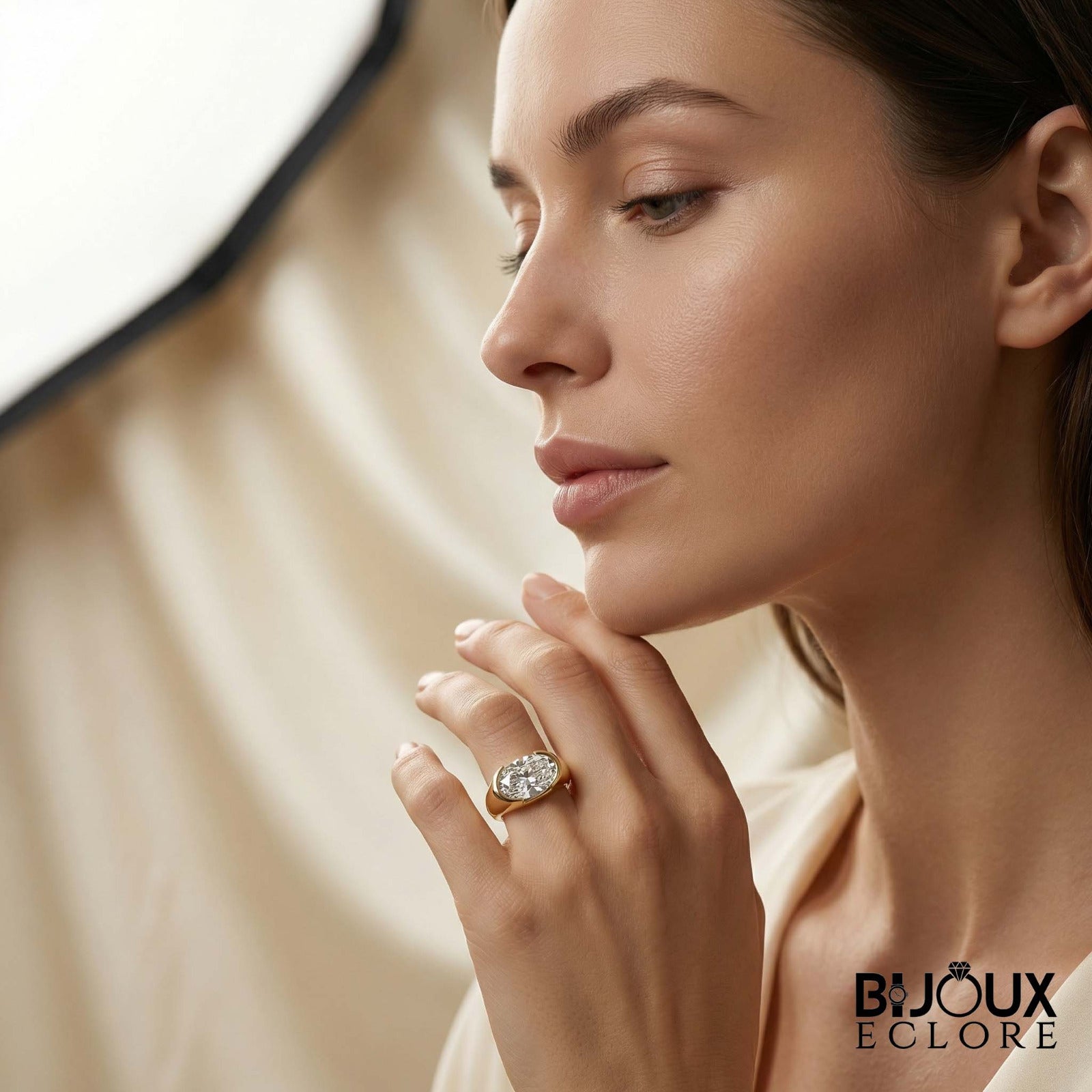 Oval-Cut Diamond Ring with a Sleek Gold Band and Innovative Setting - Bijoux Eclore