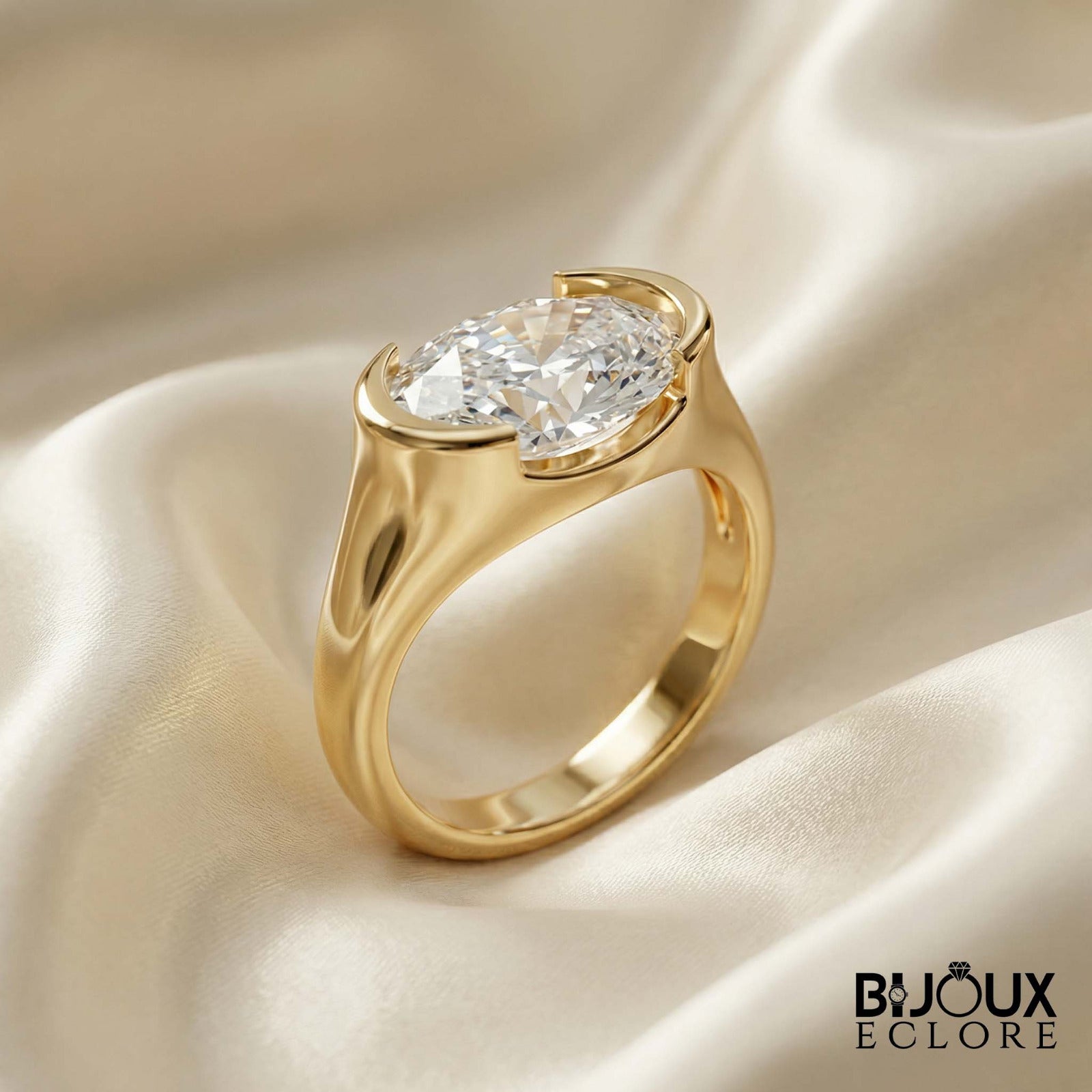 Oval-Cut Diamond Ring with a Sleek Gold Band and Innovative Setting - Bijoux Eclore