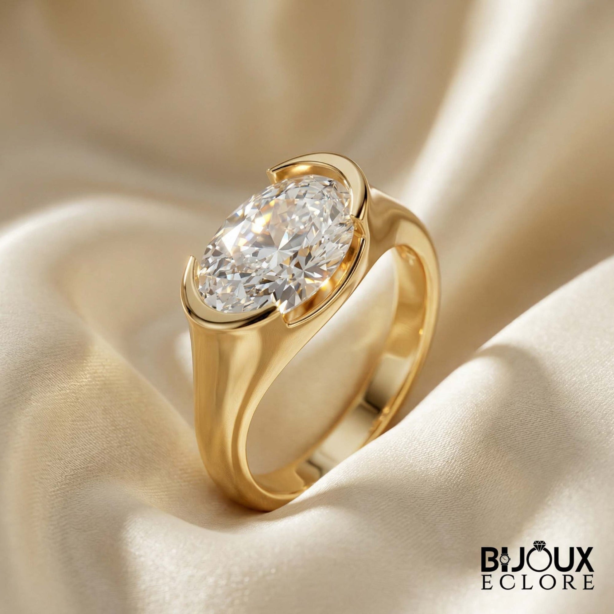 Oval-Cut Diamond Ring with a Sleek Gold Band and Innovative Setting - Bijoux Eclore
