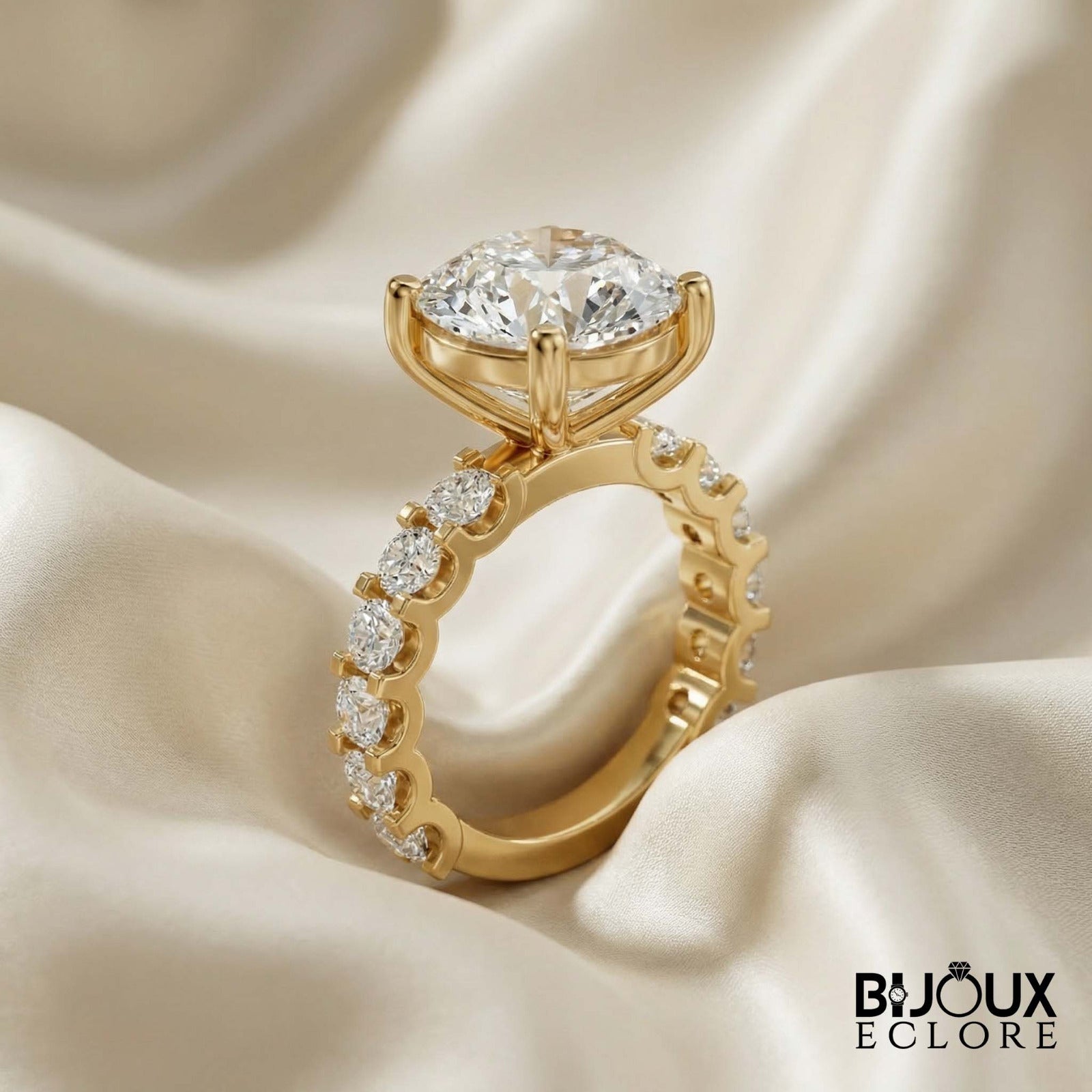 Round-Cut Diamond Engagement Ring with Side Stone Accents and a Luxurious Gold Band - Bijoux Eclore