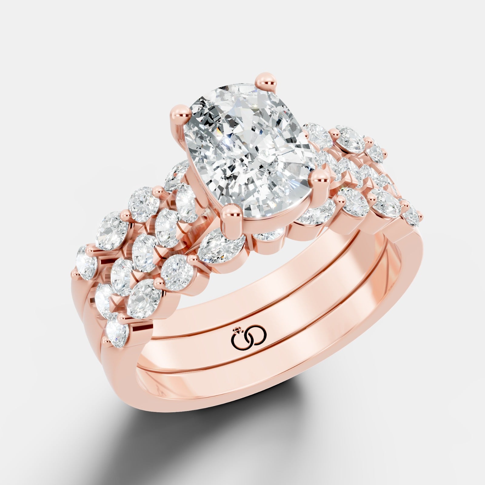 Two-Row Diamond Accented Engagement Ring with Oval Lab Diamond Center - Bijoux Eclore