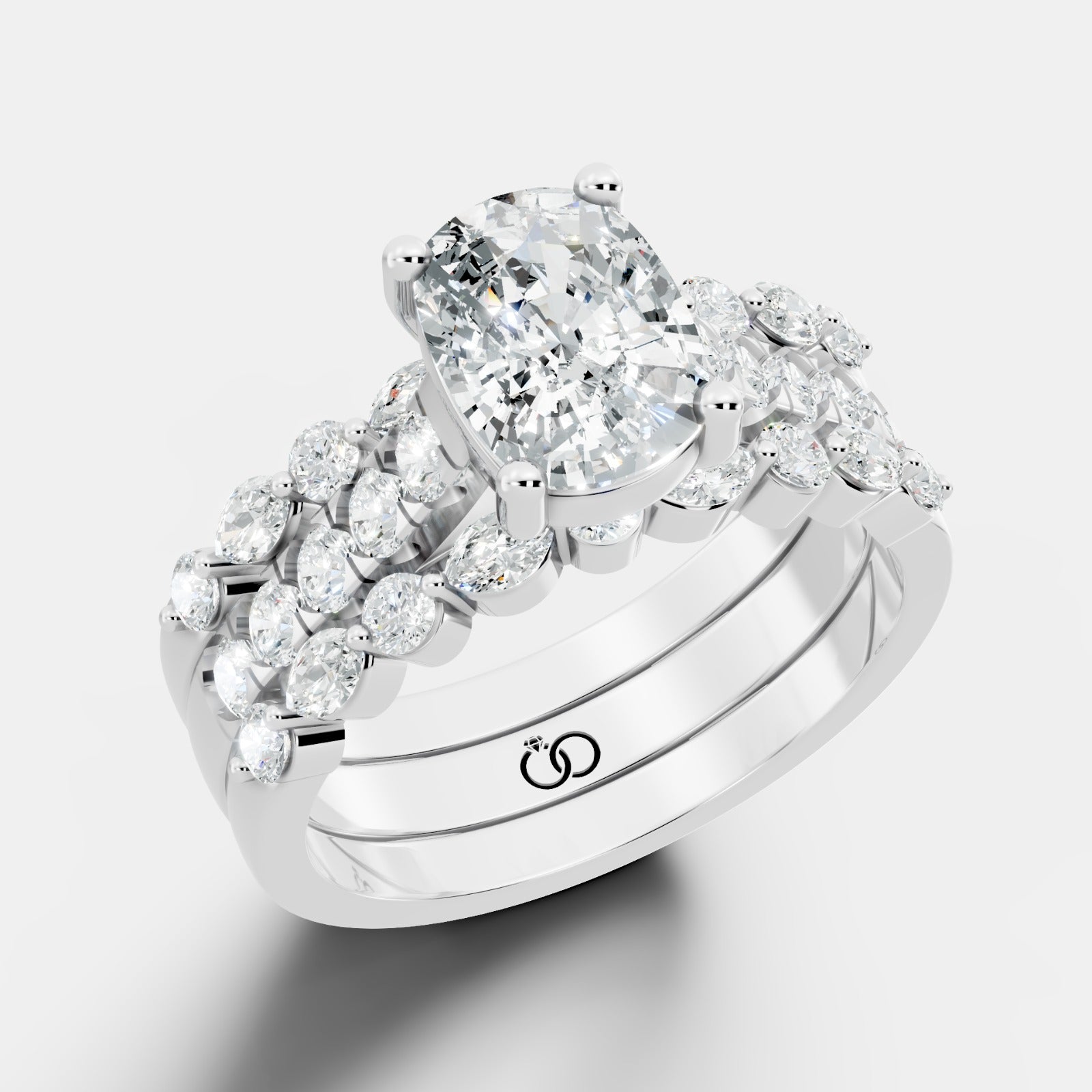Two-Row Diamond Accented Engagement Ring with Oval Lab Diamond Center - Bijoux Eclore