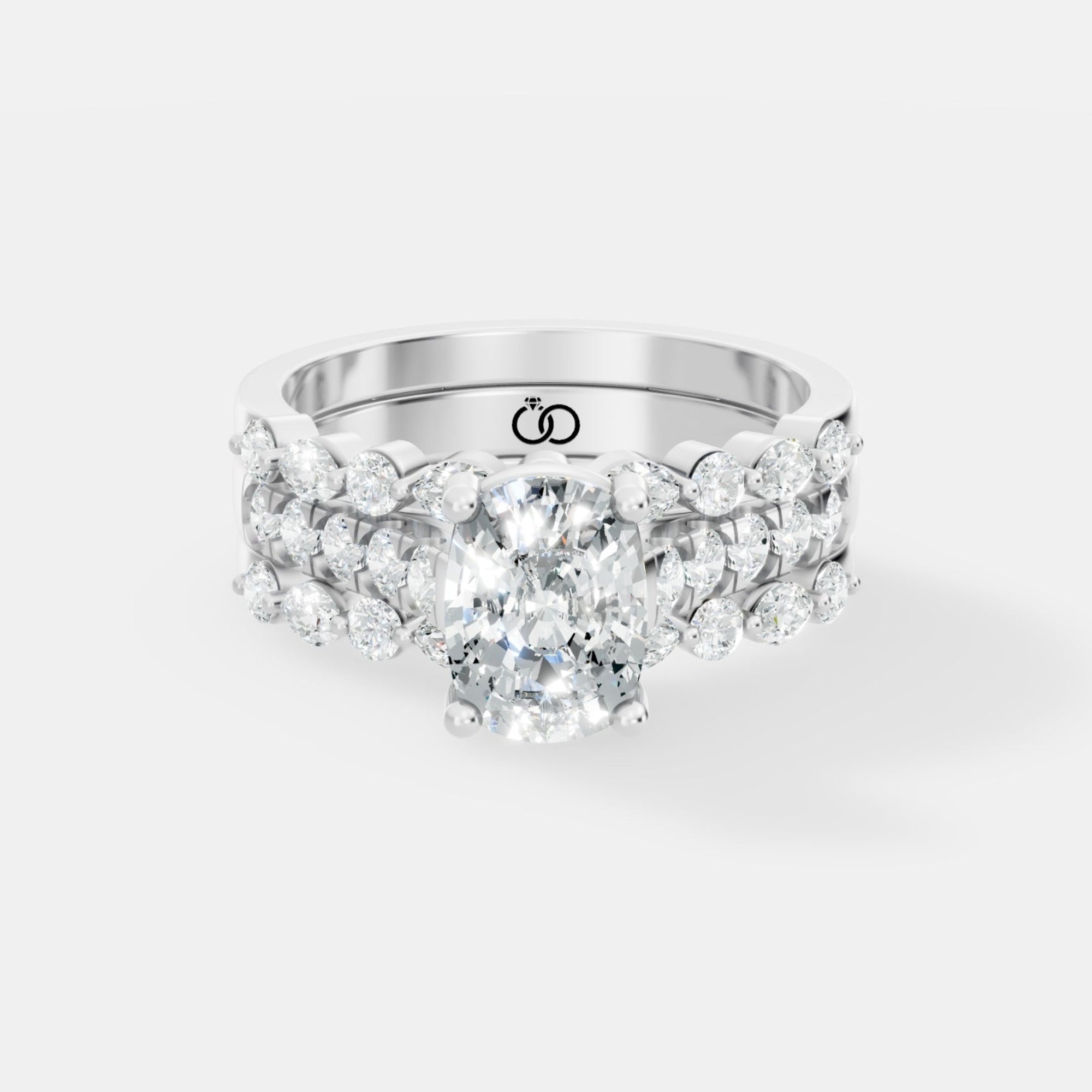 Two-Row Diamond Accented Engagement Ring with Oval Lab Diamond Center - Bijoux Eclore