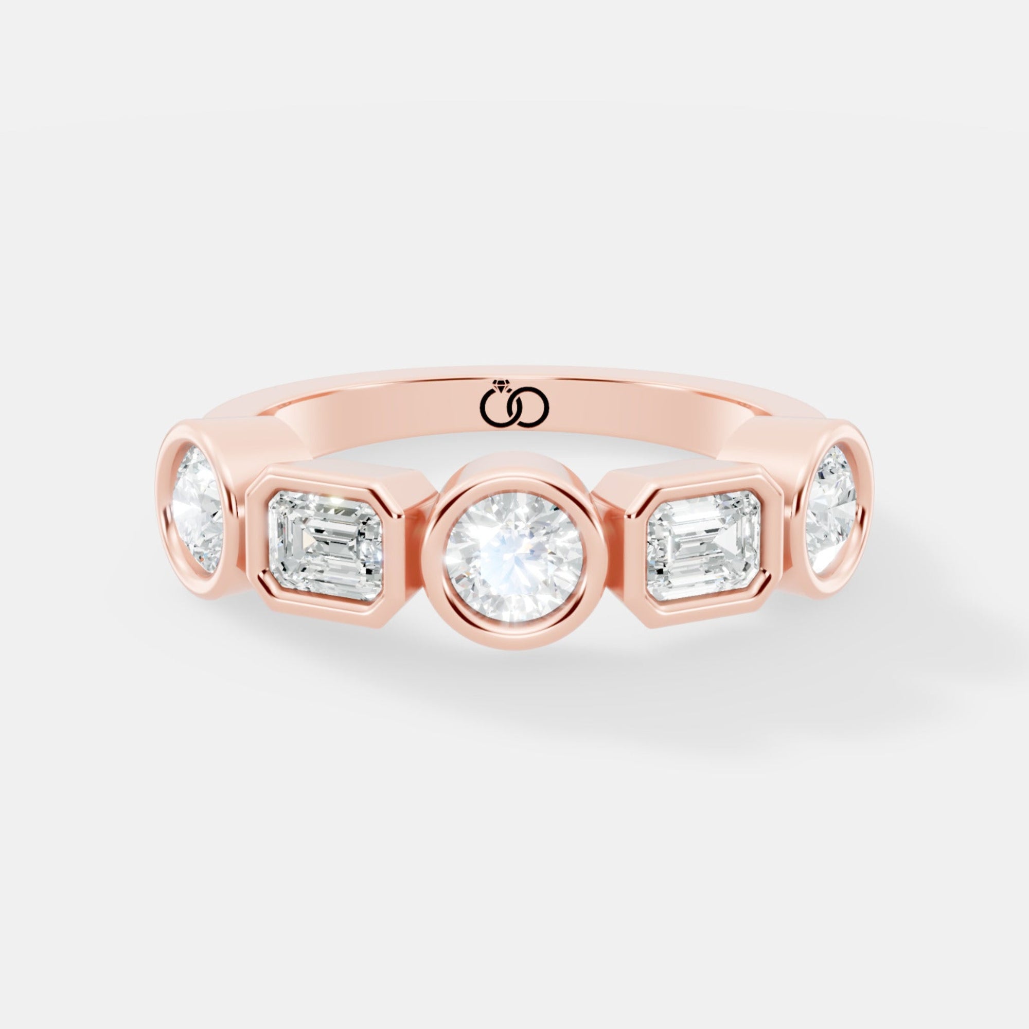 Multi-Shape Lab-Grown Diamond Band Ring Featuring Round, Emerald, and Cushion-Cut Diamonds in Bezel Settings - Bijoux Eclore