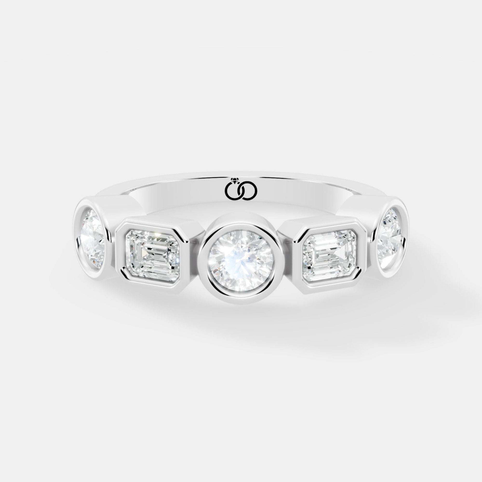 Multi-Shape Lab-Grown Diamond Band Ring Featuring Round, Emerald, and Cushion-Cut Diamonds in Bezel Settings - Bijoux Eclore