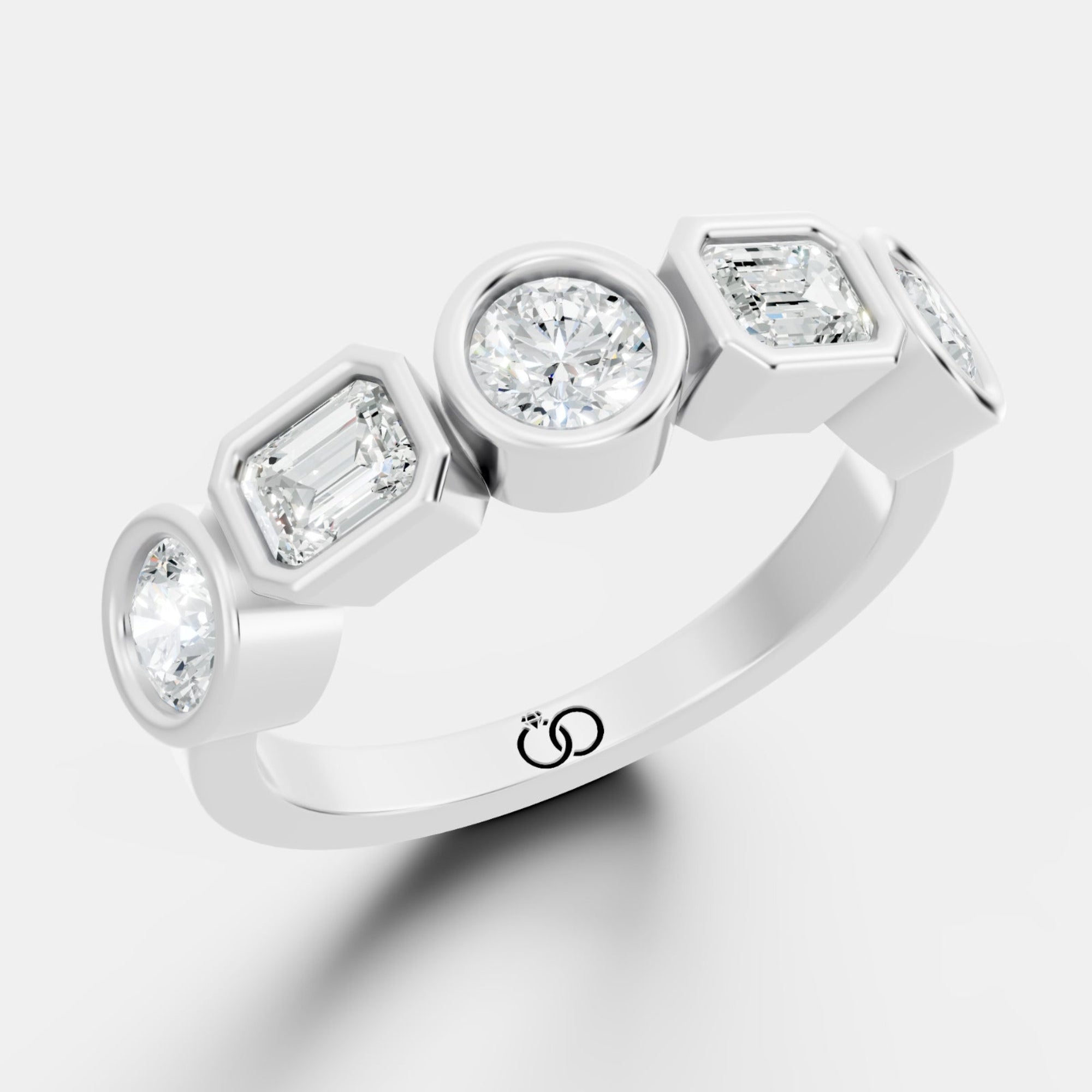 Multi-Shape Lab-Grown Diamond Band Ring Featuring Round, Emerald, and Cushion-Cut Diamonds in Bezel Settings - Bijoux Eclore