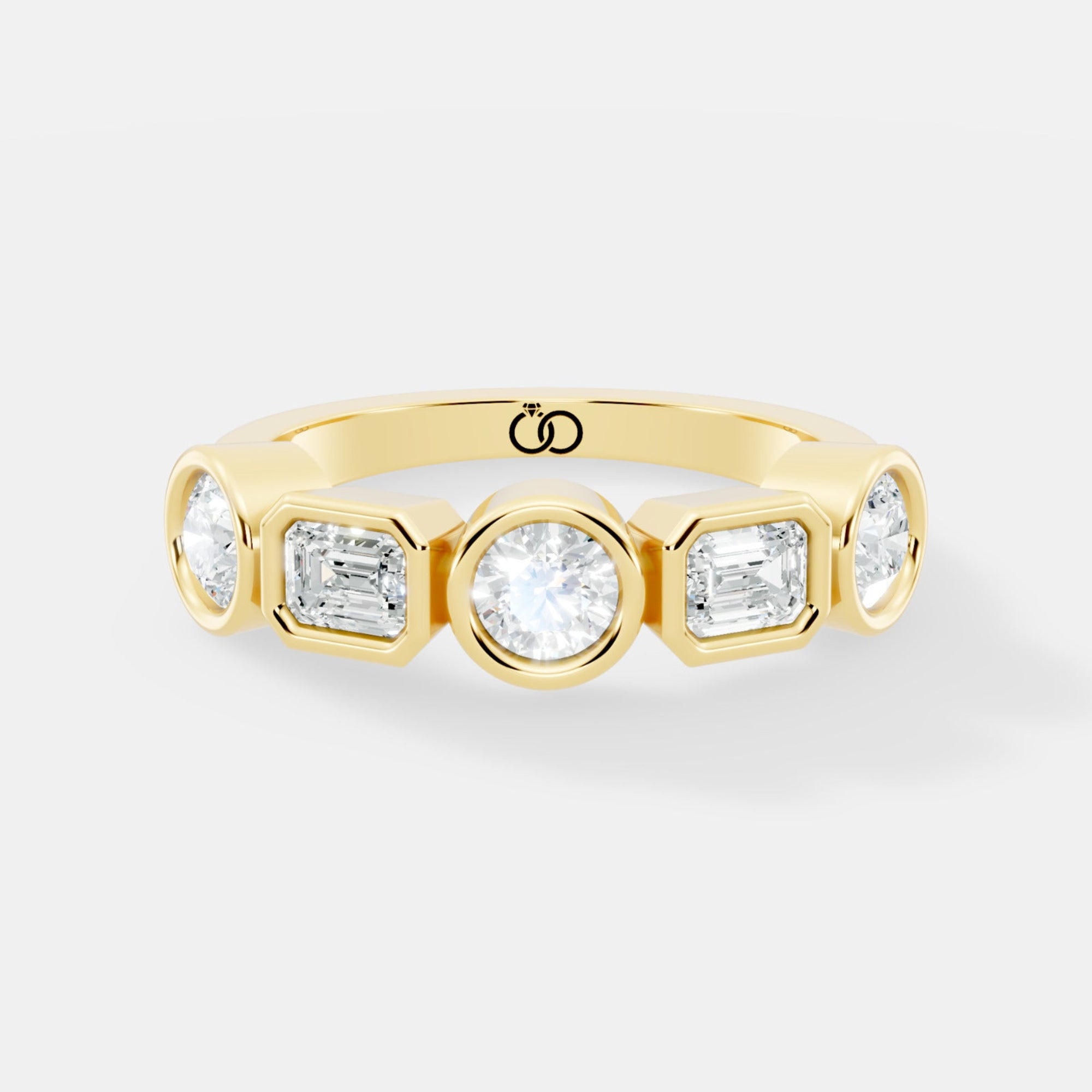 Multi-Shape Lab-Grown Diamond Band Ring Featuring Round, Emerald, and Cushion-Cut Diamonds in Bezel Settings - Bijoux Eclore