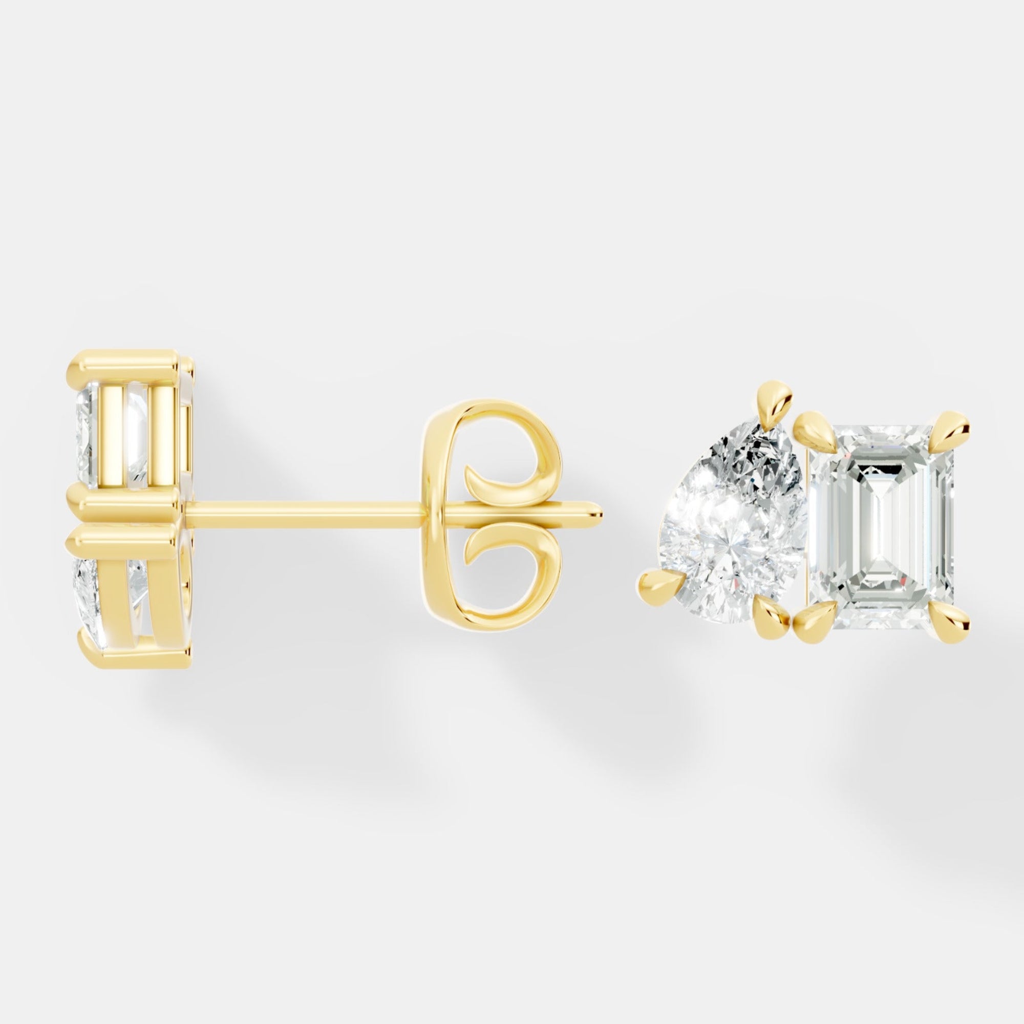 Elegant Emerald-Cut and Pear-Shaped Lab-Grown Diamond Duo Stud Earrings Modern Asymmetrical Design - Bijoux Eclore