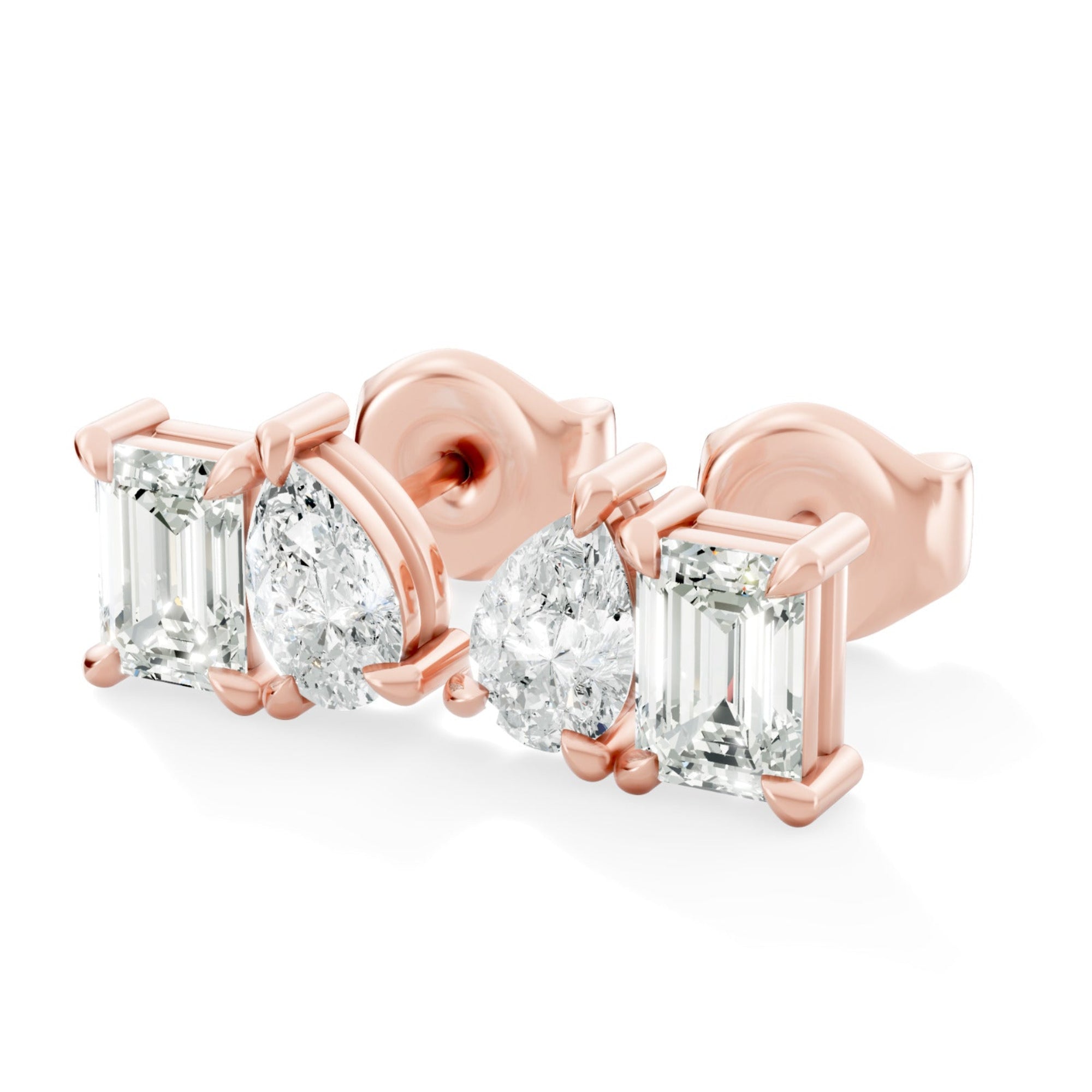 Elegant Emerald-Cut and Pear-Shaped Lab-Grown Diamond Duo Stud Earrings Modern Asymmetrical Design - Bijoux Eclore