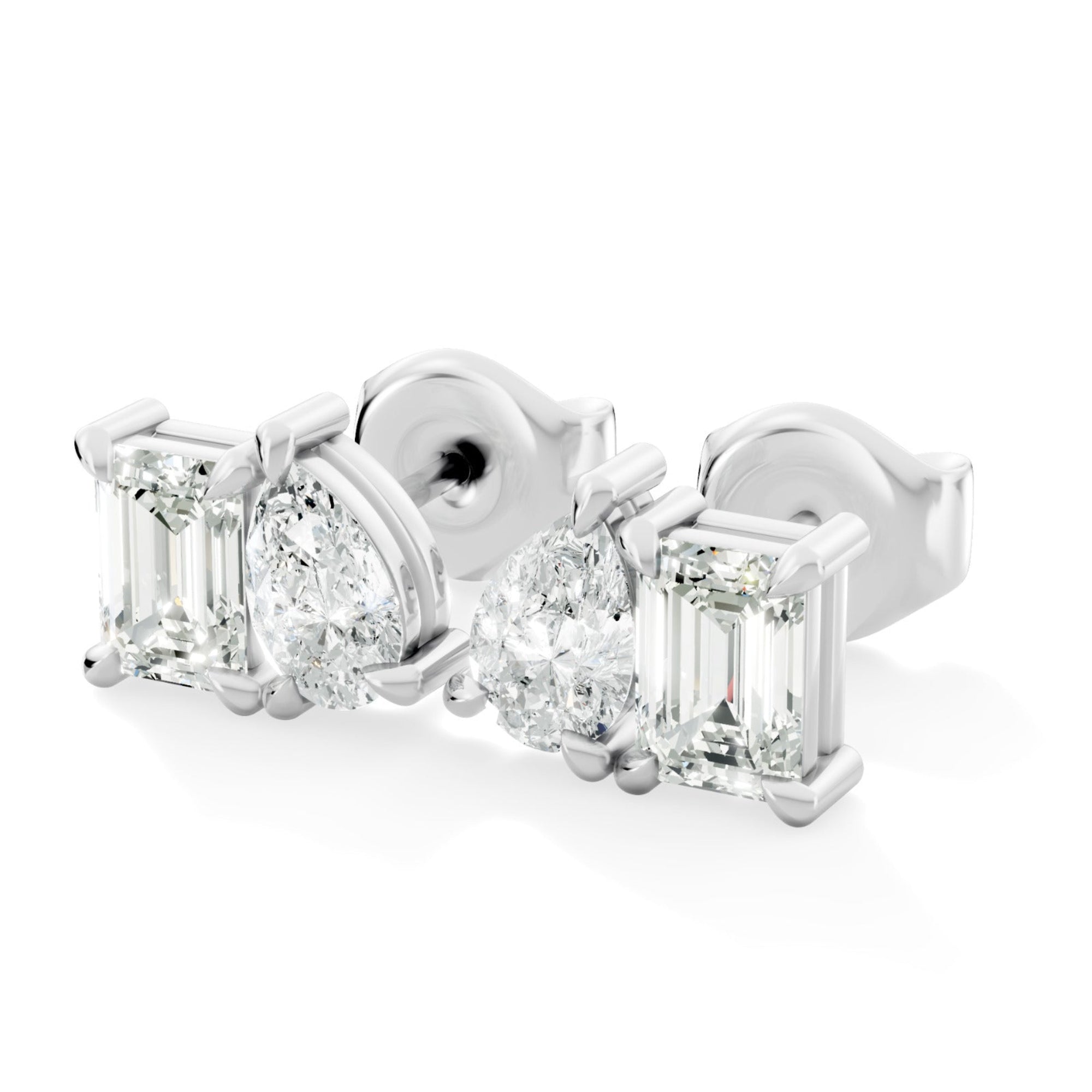 Elegant Emerald-Cut and Pear-Shaped Lab-Grown Diamond Duo Stud Earrings Modern Asymmetrical Design - Bijoux Eclore