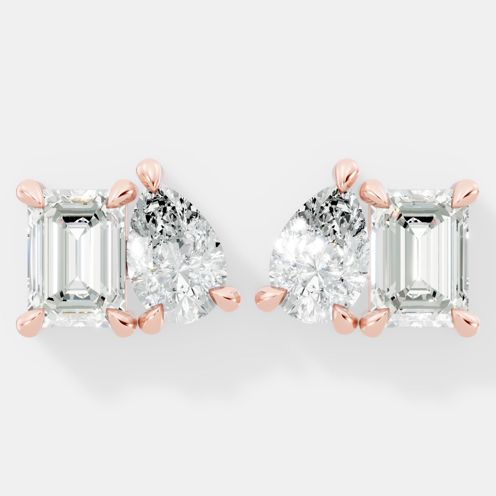 Elegant Emerald-Cut and Pear-Shaped Lab-Grown Diamond Duo Stud Earrings Modern Asymmetrical Design - Bijoux Eclore