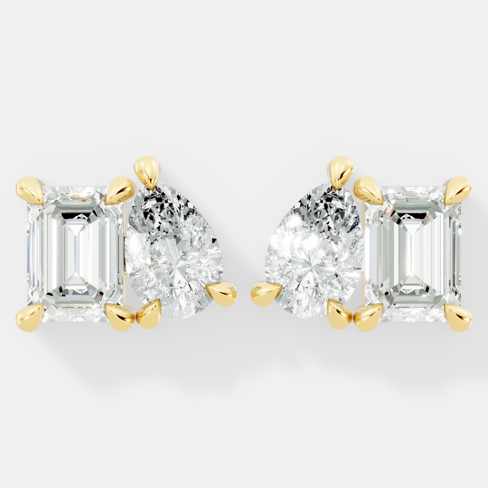 Elegant Emerald-Cut and Pear-Shaped Lab-Grown Diamond Duo Stud Earrings Modern Asymmetrical Design - Bijoux Eclore