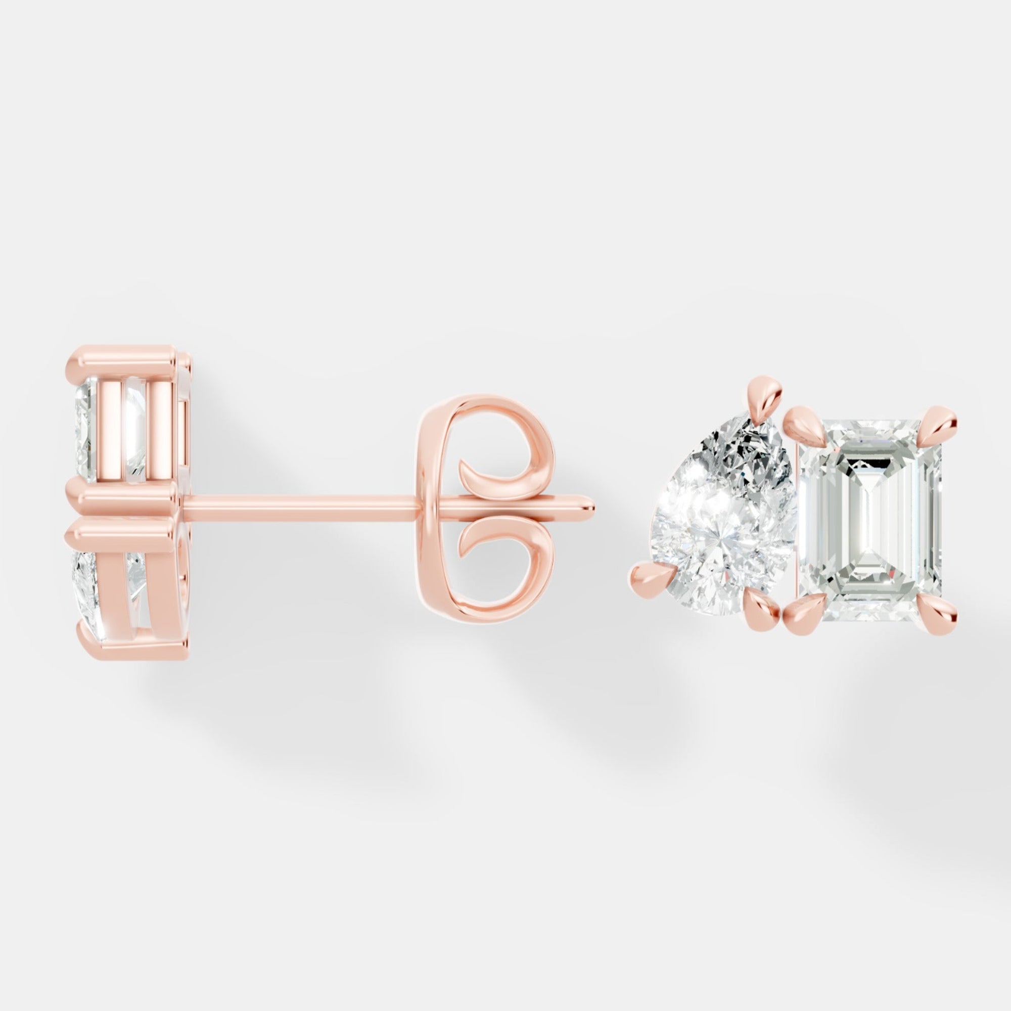 Elegant Emerald-Cut and Pear-Shaped Lab-Grown Diamond Duo Stud Earrings Modern Asymmetrical Design - Bijoux Eclore