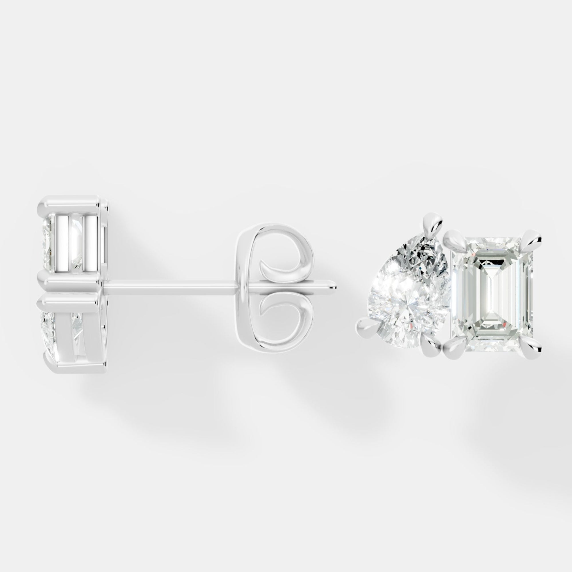Elegant Emerald-Cut and Pear-Shaped Lab-Grown Diamond Duo Stud Earrings Modern Asymmetrical Design - Bijoux Eclore