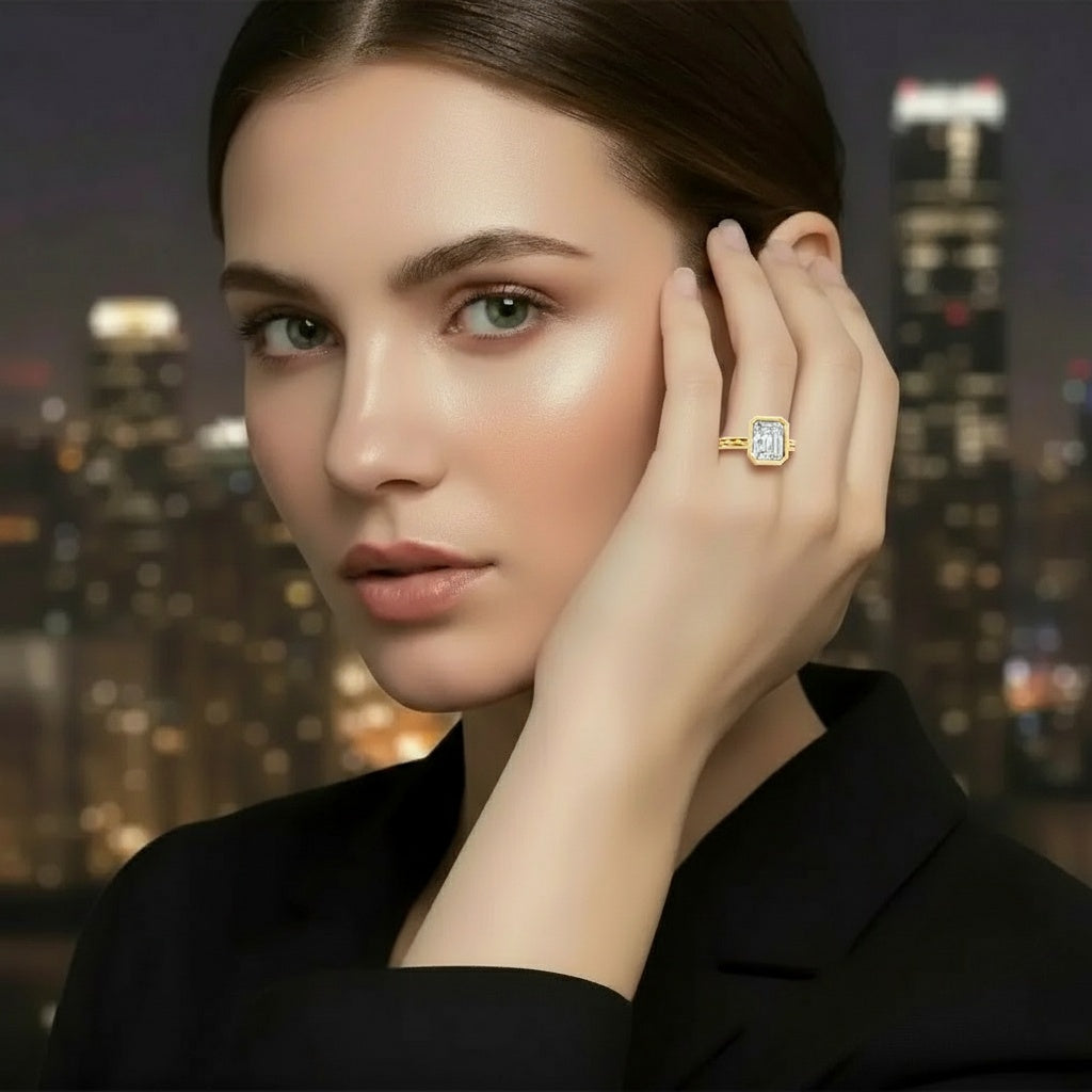 Captivating Emerald-Cut Lab-Grown Diamond Ring Framed in a Sleek Bezel Setting - Bijoux Eclore