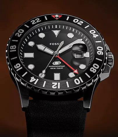 Fossil Blue GMT Black Silicone Stainless Steel Men's Watch FS6036
