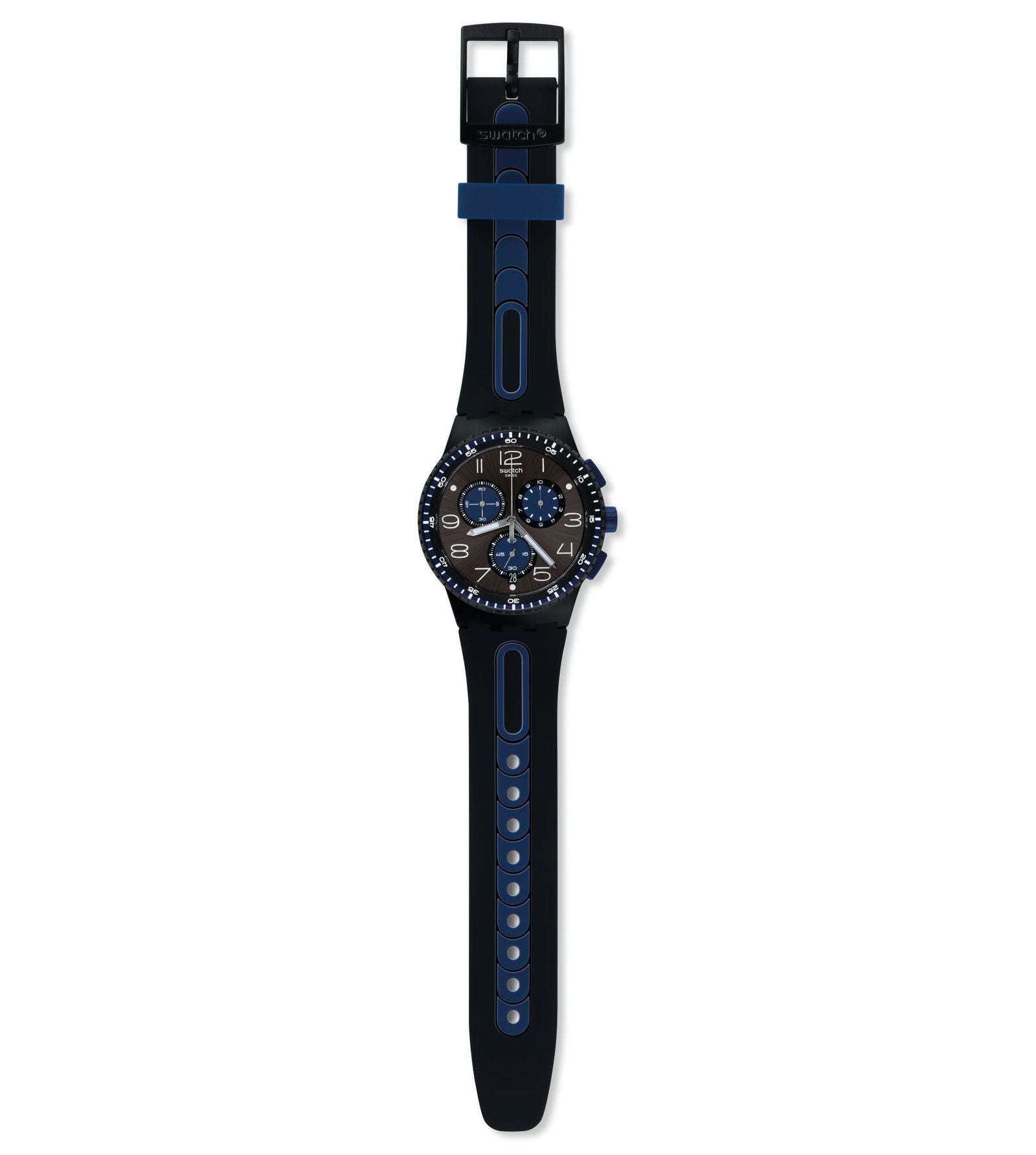 Swatch Kaicco Black Dial Blue Strap Chronograph Swiss Quartz Watch SUSB406