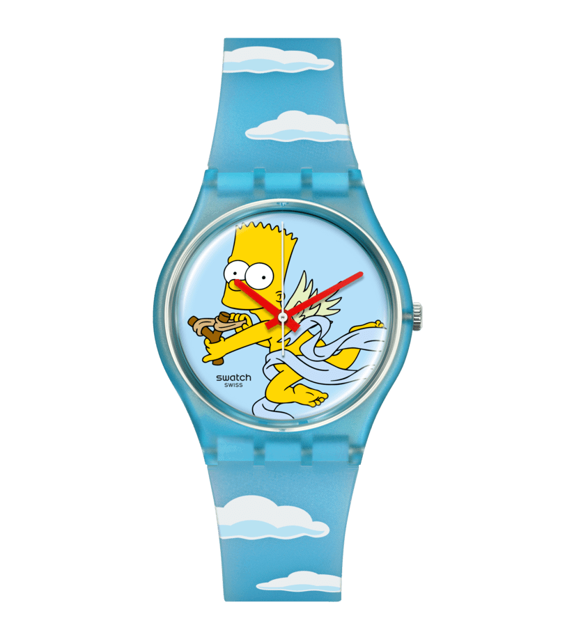Swatch The Simpsons Angel Bart Light Blue Watch with Bart Cupid and Clouds SO28Z115