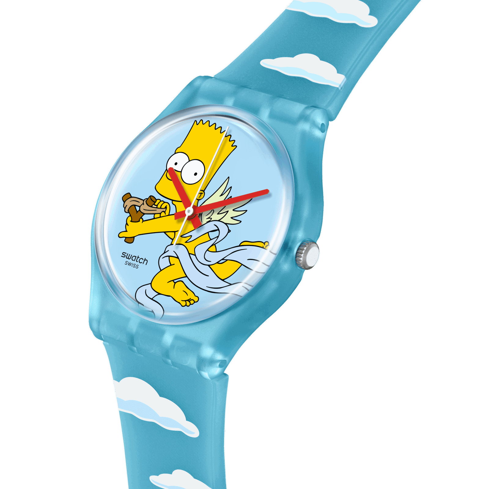 Swatch The Simpsons Angel Bart Light Blue Watch with Bart Cupid and Clouds SO28Z115