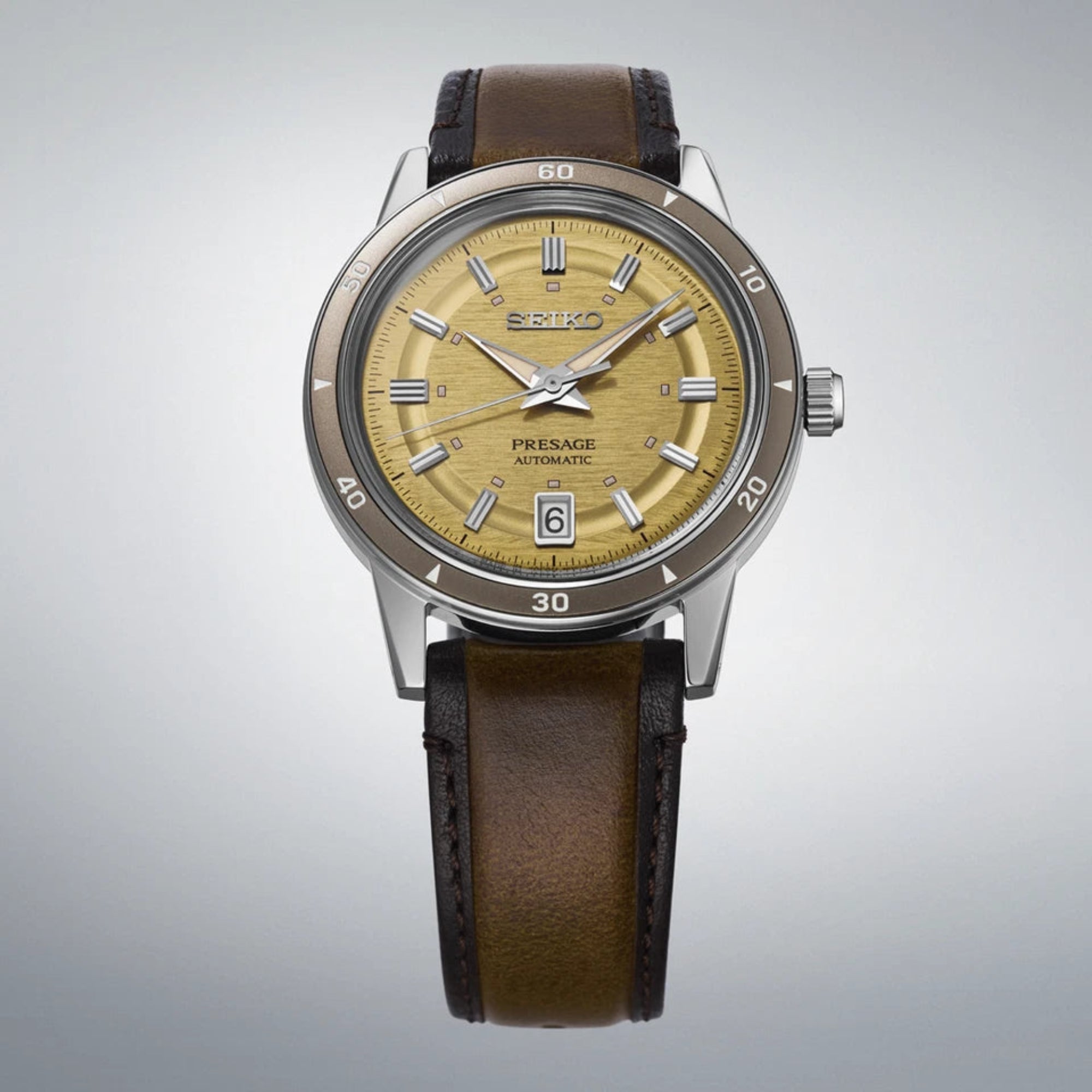 Seiko SRPL75J1  Presage Ship from Taiwan Presage  Automatic Style 60s Yellow Gold Dial Leather Japan Made - Bijoux Eclore