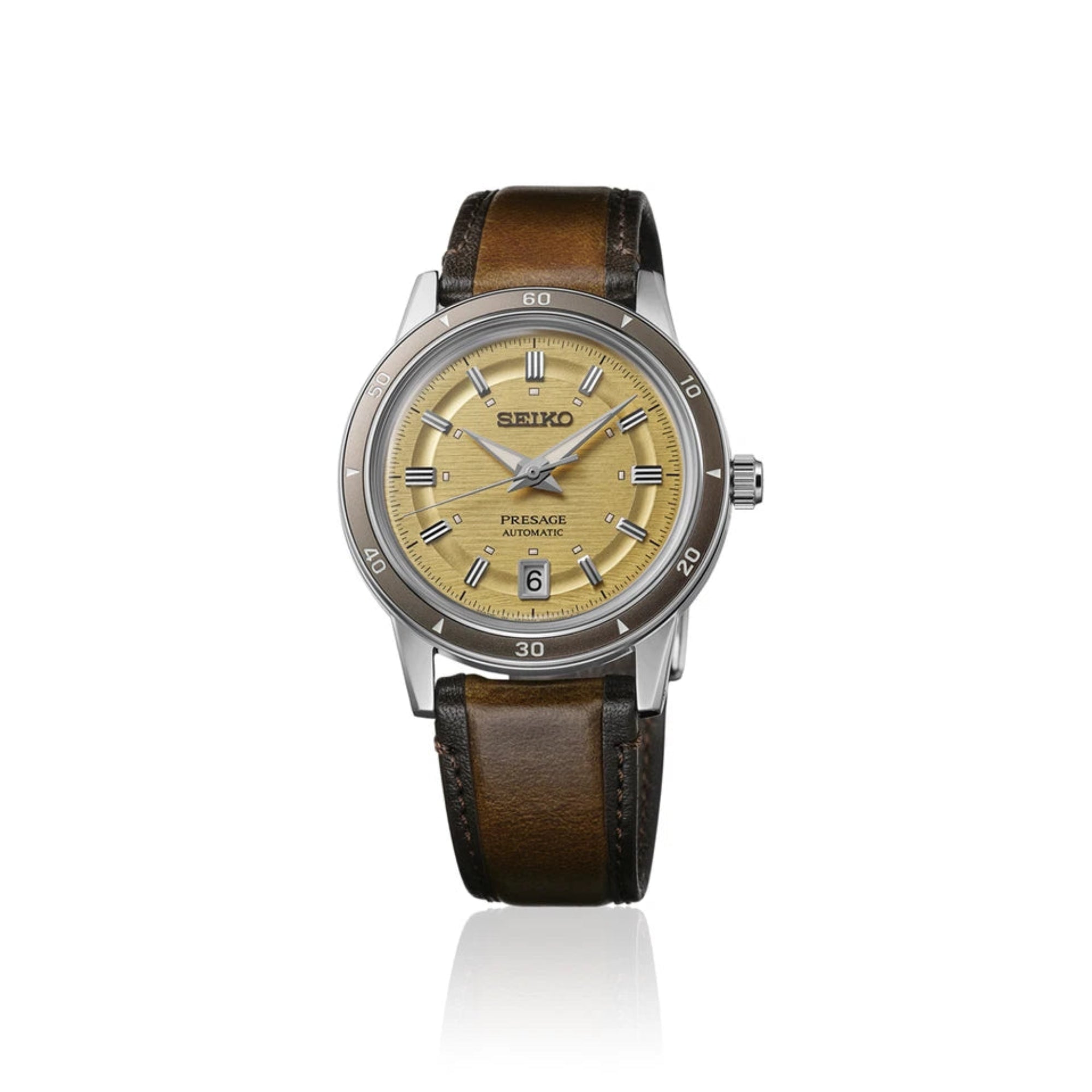 Seiko SRPL75J1  Presage Ship from Taiwan Presage  Automatic Style 60s Yellow Gold Dial Leather Japan Made - Bijoux Eclore