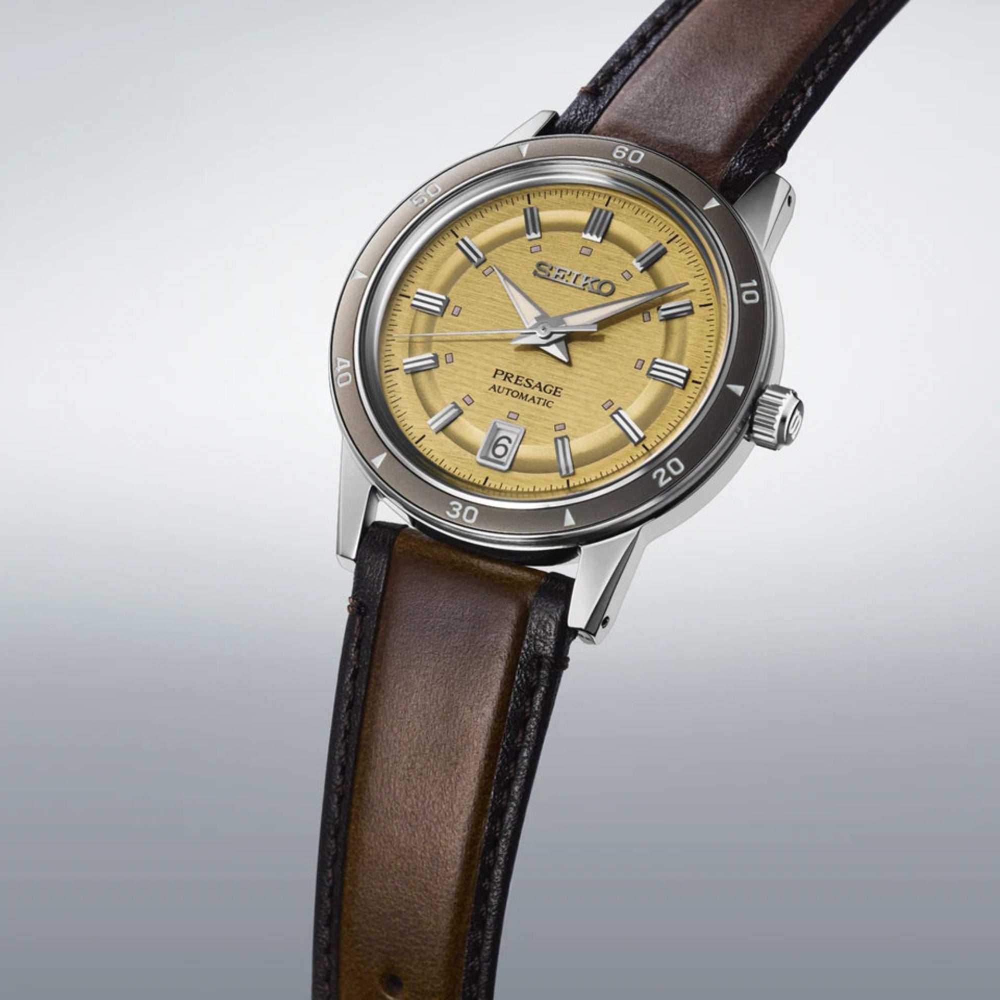 Seiko SRPL75J1  Presage Ship from Taiwan Presage  Automatic Style 60s Yellow Gold Dial Leather Japan Made - Bijoux Eclore